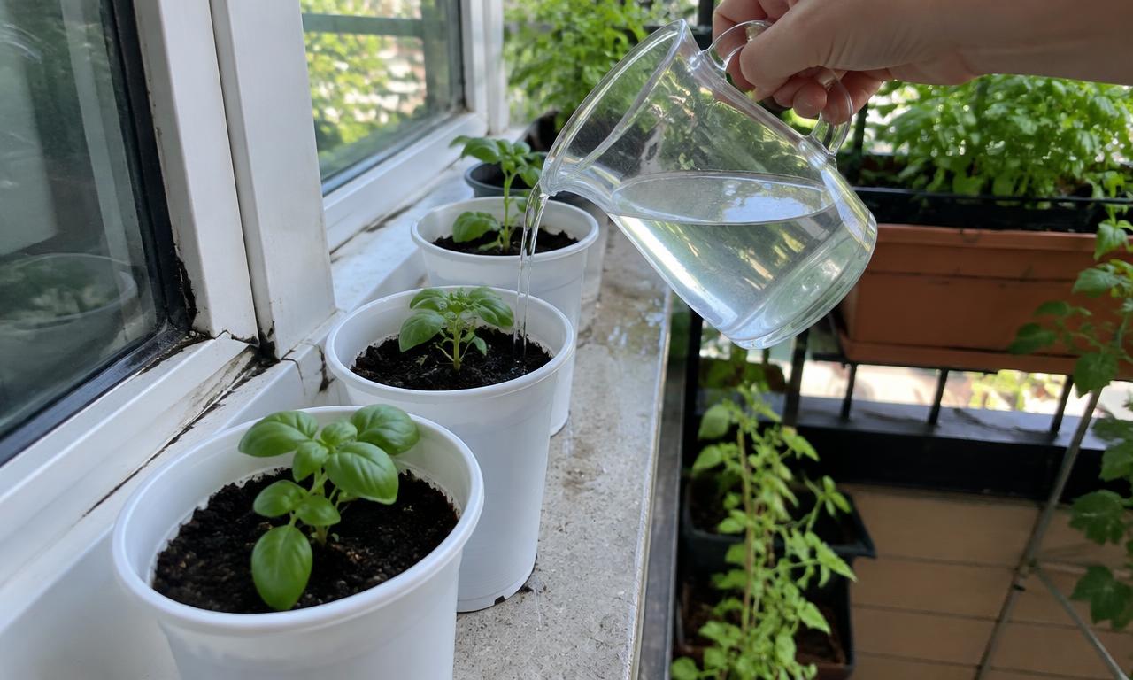 Des jeunes plants de basilic arrosés sur le rebord, avant le grand transplantage.